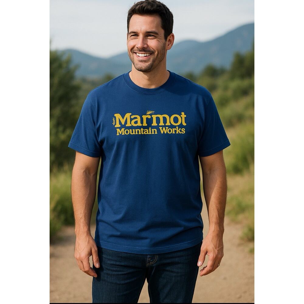 Marmot Mountain Works T-Shirt Men’s XXL Twilight Blue Graphic Cairns Tee NWT